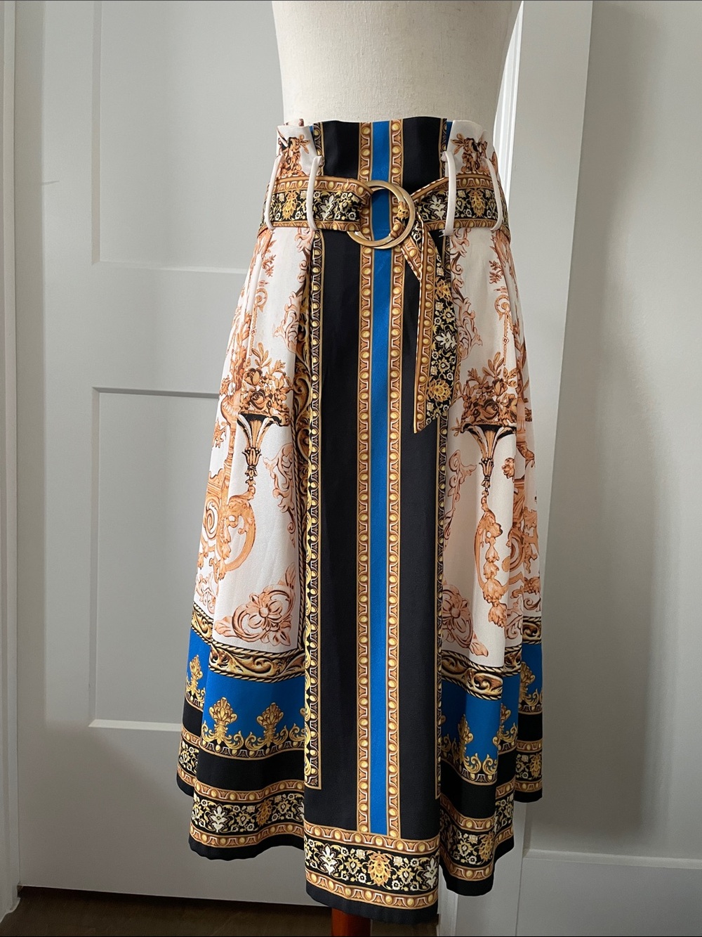 Boston Proper Baroque-Print Midi Skirt in Blue, Black & Cream